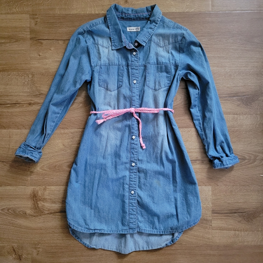 Girls Cotton Shirt Dress with Pink Rope Tie
